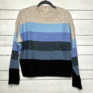 BiBi Colorblock Stripe Knit Sweater Small Neutral Blue Cozy Pullover
